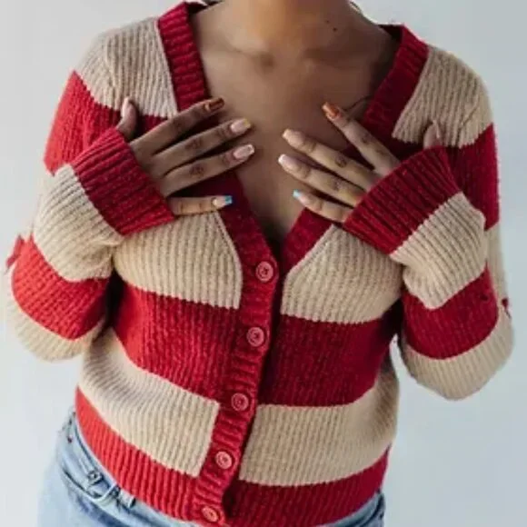 American Eagle Rugby Striped Cardigan Sweater Red XS - Picture 3 of 10